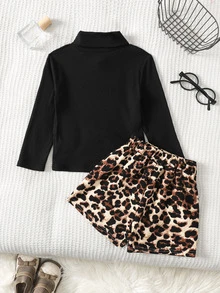 Young Girl Casual Daily Kids Fashion High Neck Black Ribbed Knit Long Sleeve T-Shirt & Leopard Print Skirt Set - Black - View 2
