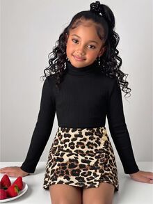 Young Girl Casual Daily Kids Fashion High Neck Black Ribbed Knit Long Sleeve T-Shirt & Leopard Print Skirt Set - Black - View 1