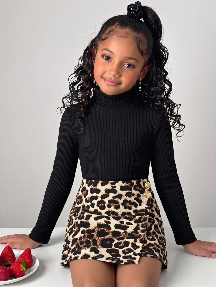 Young Girl Casual Daily Kids Fashion High Neck Black Ribbed Knit Long Sleeve T-Shirt & Leopard Print Skirt Set - Black - View 1