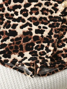 Young Girl Casual Daily Kids Fashion High Neck Black Ribbed Knit Long Sleeve T-Shirt & Leopard Print Skirt Set - Black - View 6