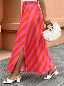Weeklong Plus Size Women's Striped Colorful Fruit Print A-Line Loose Casual Beach Holiday Daily Skirt, Spring/Summer Fall Elegant - Multicolor - View 3