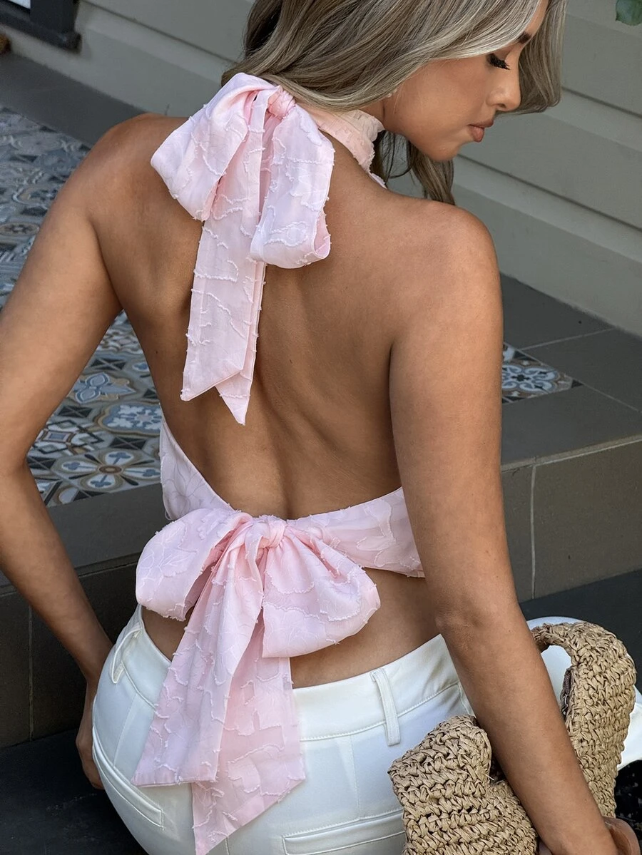 Aloruh 女款優雅掛脖淺粉色提花布料露背短版上衣，夏季女款短版上衣