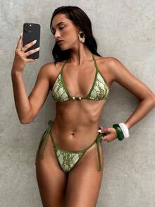 Aloruh 女款斑馬紋掛脖比基尼兩件式泳衣，綠色，夏季休閒海灘度假優雅聚攏胸 купальник套裝 - 綠色 - 查看 5