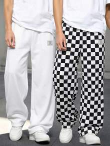 SHEIN 2pcs Kids Tween Boy Casual Comfortable Elastic Waist Loose Leg Solid Color , Suitable For , School, Daily Casual Outings, Sports, Autumn/Winter Pcs - Black and White - View 5