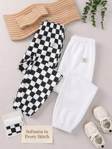 SHEIN 2pcs Kids Tween Boy Casual Comfortable Elastic Waist Loose Leg Solid Color , Suitable For , School, Daily Casual Outings, Sports, Autumn/Winter Pcs - Black and White - View 1