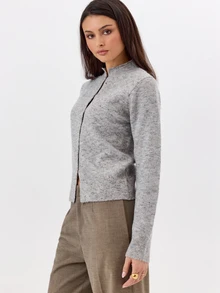 KÆRIA Hus Crew-Neck Knit Cardigan - Soft-Touch Stretch Knit Blend - Grey - Button-Up, Going Out, Brunch,Casual - Grey - View 3