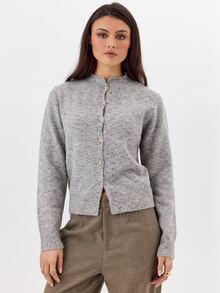 KÆRIA Hus Crew-Neck Knit Cardigan - Soft-Touch Stretch Knit Blend - Grey - Button-Up, Going Out, Brunch,Casual - Grey - View 6