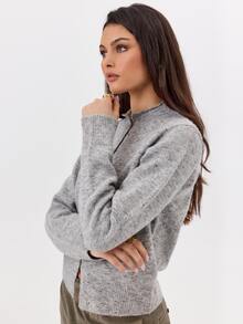 KÆRIA Hus Crew-Neck Knit Cardigan - Soft-Touch Stretch Knit Blend - Grey - Button-Up, Going Out, Brunch,Casual - Grey - View 5