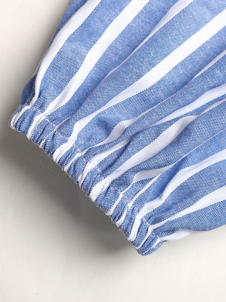 Teen Girl Girls Elegant Blue And White Striped Long Sleeve Lantern Sleeve Dress, Autumn/Winter Vacation Nomad Style Long Dress - Blue - View 10