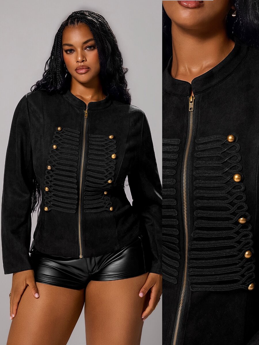 Rustia Plus Size Fashion Double-Breasted Zipper Corduroy Jacket Fall Napoleon Style Napoleon Elements - Black - View 1