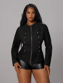 Rustia Plus Size Fashion Double-Breasted Zipper Corduroy Jacket Fall Napoleon Style Napoleon Elements - Black - View 4