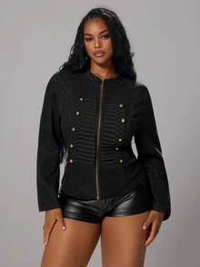 Rustia Plus Size Fashion Double-Breasted Zipper Corduroy Jacket Fall Napoleon Style Napoleon Elements - Black - View 5
