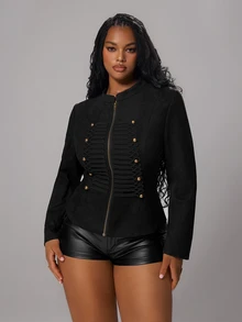Rustia Plus Size Fashion Double-Breasted Zipper Corduroy Jacket Fall Napoleon Style Napoleon Elements - Black - View 7