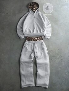 PAVTROS Men's Leopard Print Patchwork Hoodie & Sweatpants Set - Grey - View 2