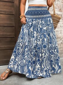 SHEIN Tall CURVE 大码女装春夏印花拼接A字裙，适合高个子 - 藍白色 - 查看 4