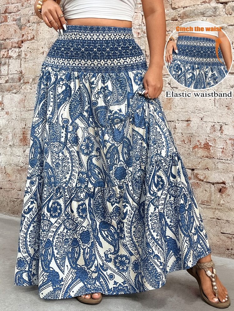 SHEIN Tall CURVE 大码女装春夏印花拼接A字裙，适合高个子 - 藍白色 - 查看 1