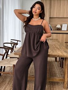 Weeklong Plus Size Women's Casual Camisole Top With Ruffle Hem & Pants 2 Pieces Set, Spring/Summer Elegant - Brown - View 4