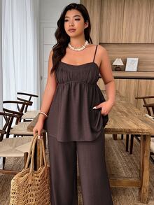 Weeklong Plus Size Women's Casual Camisole Top With Ruffle Hem & Pants 2 Pieces Set, Spring/Summer Elegant - Brown - View 3