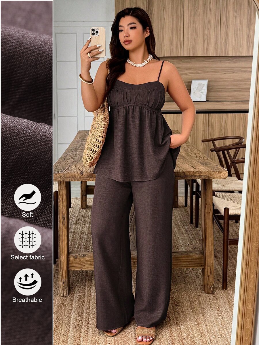 Weeklong Plus Size Women's Casual Camisole Top With Ruffle Hem & Pants 2 Pieces Set, Spring/Summer Elegant - Brown - View 1