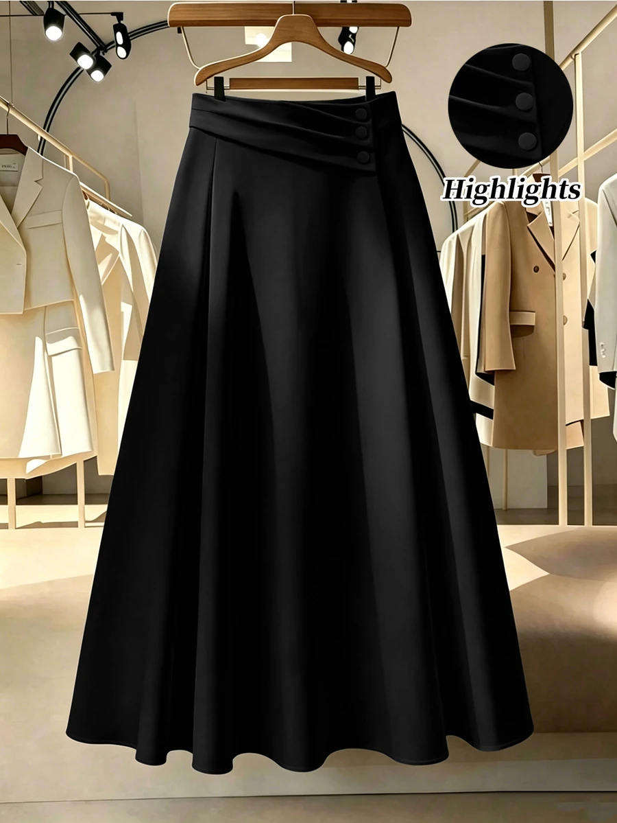 GlowEve CURVE Plus Size Elegant Commuter Solid Color Pleated Skirt Fall - Black - View 1