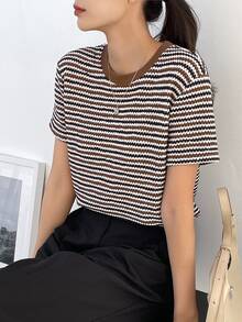 Dazy-Less Women's Contrast Checkered Short Sleeve T-Shirt Summer Business Casual Woman Work Clothes - Coffee Brown - View 3