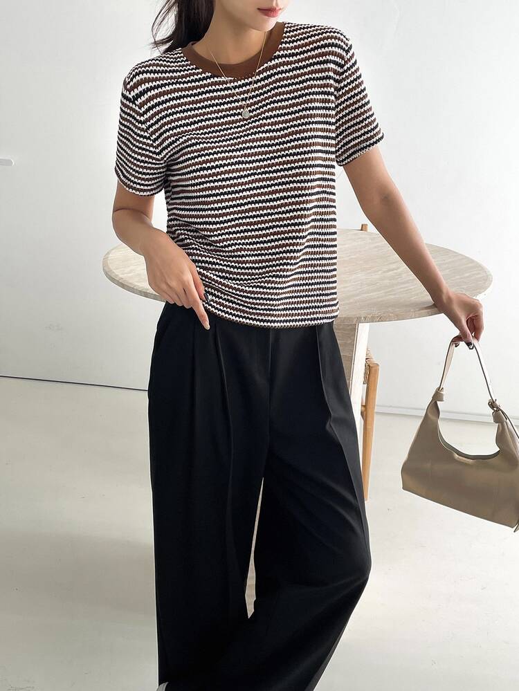 Dazy-Less 女士撞色格纹短袖T恤夏季商务休闲女士工作服 - 咖啡棕 - 查看 2