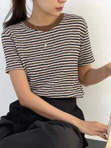 Dazy-Less Women's Contrast Checkered Short Sleeve T-Shirt Summer Business Casual Woman Work Clothes - Coffee Brown - View 4