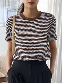 Dazy-Less Women's Contrast Checkered Short Sleeve T-Shirt Summer Business Casual Woman Work Clothes - Coffee Brown - View 8
