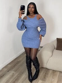 Glyssa Women's Solid Color 2 In 1 Patchwork Casual Daily Knit Dress - Dusty Blue - View 3