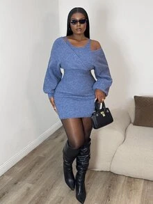 Glyssa Women's Solid Color 2 In 1 Patchwork Casual Daily Knit Dress - Dusty Blue - View 5