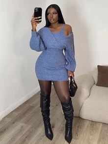 Glyssa Women's Solid Color 2 In 1 Patchwork Casual Daily Knit Dress - Dusty Blue - View 1