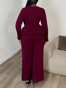 Elenzga Women's Fitted A-Line Ruffle Hem Sweater Top Paired With Elegant Knit Sweater Pants - Burgundy - View 2