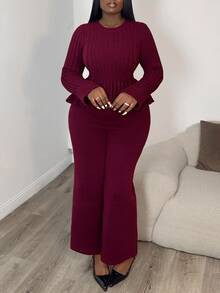 Elenzga Women's Fitted A-Line Ruffle Hem Sweater Top Paired With Elegant Knit Sweater Pants - Burgundy - View 5