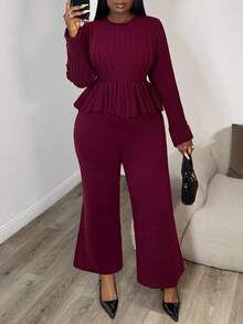 Elenzga Women's Fitted A-Line Ruffle Hem Sweater Top Paired With Elegant Knit Sweater Pants - Burgundy - View 3
