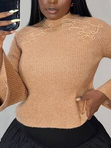 Selianne Women's Elegant 3D Woven Trim Long Sleeve Sweater - Khaki - View 3