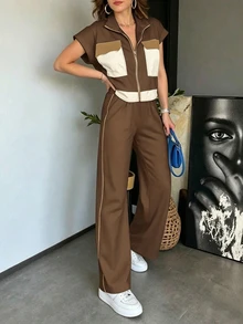 Structelle Setelan Atasan dan Celana 2 Potong Bergaya Kasual Sporty Kelas Atas untuk Wanita - Coffee Brown - View 3