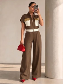 Structelle Setelan Atasan dan Celana 2 Potong Bergaya Kasual Sporty Kelas Atas untuk Wanita - Coffee Brown - View 1