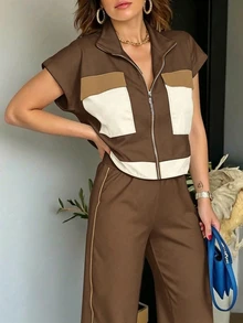 Structelle Setelan Atasan dan Celana 2 Potong Bergaya Kasual Sporty Kelas Atas untuk Wanita - Coffee Brown - View 5