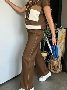 Structelle Setelan Atasan dan Celana 2 Potong Bergaya Kasual Sporty Kelas Atas untuk Wanita - Coffee Brown - View 6