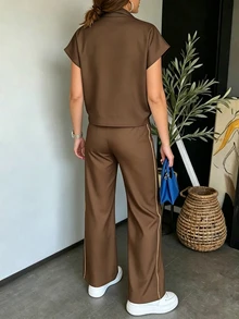 Structelle Setelan Atasan dan Celana 2 Potong Bergaya Kasual Sporty Kelas Atas untuk Wanita - Coffee Brown - View 2