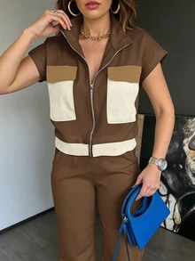 Structelle Setelan Atasan dan Celana 2 Potong Bergaya Kasual Sporty Kelas Atas untuk Wanita - Coffee Brown - View 4
