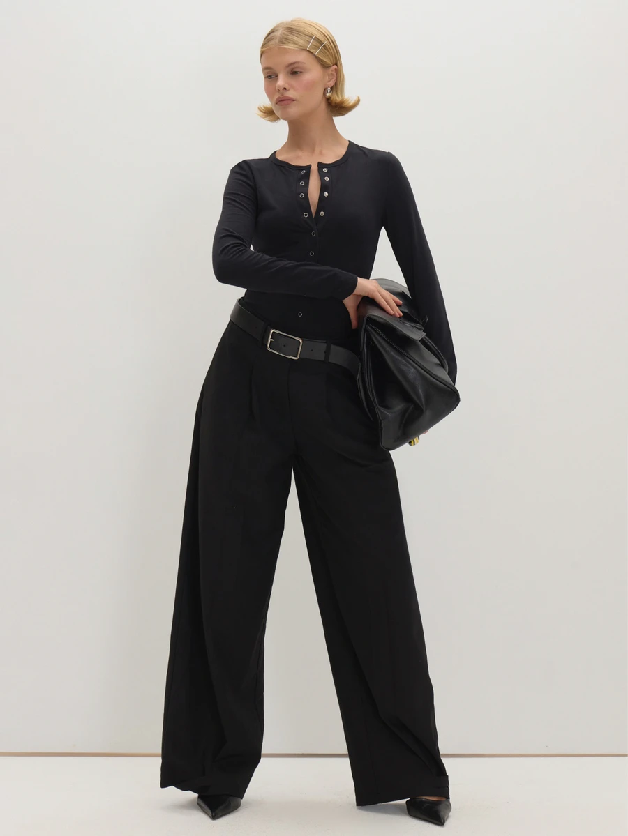 MUSEYN Black Woven Pleated Tailored Suit Trousers Structured Polished Office Work Fall New Season Capsule Wardrobe - Black - View 1