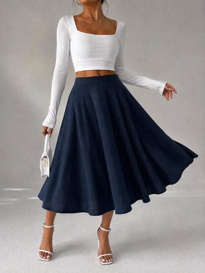 SHEIN Petite Women's Solid Navy Blue High Waist Pleated Elegant Casual Office Work Knee-Length A Shape Skirt Teachers' Day Autumn