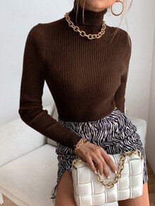 SHEIN PETITE كنزة صوفية كاجوال برقبة عالية للنساء بحجم صغير، لون بني سادة، بتفاصيل محبوكة مضلعة للخريف - بني - مشاهدة 3