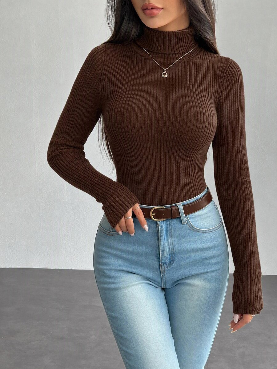SHEIN PETITE كنزة صوفية كاجوال برقبة عالية للنساء بحجم صغير، لون بني سادة، بتفاصيل محبوكة مضلعة للخريف - بني - مشاهدة 1