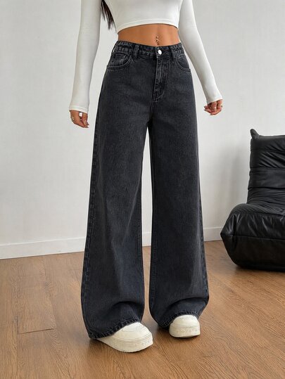 SHEIN PETITE Women High Waist Wide Leg Dark Wash Casual Denim Jeans