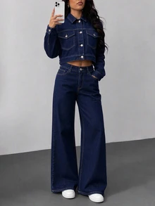 SHEIN PETITE طقم جينز قطعتين من جاكيت كاجوال بغسيل خام أزرق داكن وبنطلون جينز مستقيم - أزرق داكن - مشاهدة 1