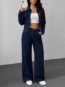 SHEIN PETITE طقم جينز قطعتين من جاكيت كاجوال بغسيل خام أزرق داكن وبنطلون جينز مستقيم - أزرق داكن - مشاهدة 2