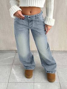 SHEIN PETITE بنطلون جينز نسائي بخصر منخفض وغسيل فاتح وقصة واسعة الساق كاجوال مقاس صغير - أزرق فاتح - مشاهدة 6