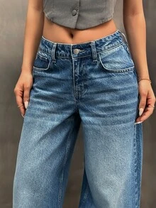 SHEIN PETITE بنطال جينز بقصة واسعة الساقين بخصر منخفض وقصة عادية بأسلوب كاجوال بلون أزرق متوسط مع غسيل ثلجي وأزرار أمامية للنساء الصغيرات - أزرق متوسط - مشاهدة 6